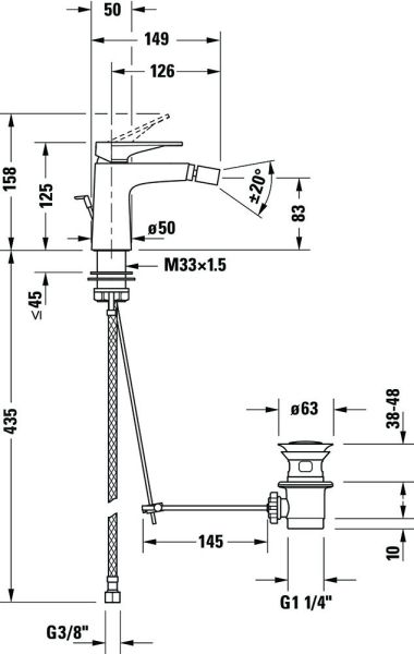Duravit Tulum Einhebel-Bidetmischer mit Zugstangen-Ablaufgarnitur, schwarz, TU2400001046, techn. Zeichnung
