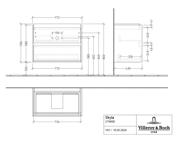 Villeroy&Boch Skyla Waschtischunterschrank 80cm für Becken mittig C79600
