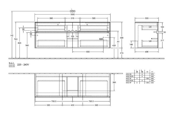 Villeroy&Boch Collaro Waschtischunterschrank passend zu Aufsatzwaschtisch 43345G, 160cm, techn Zeichnung