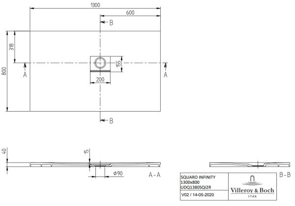 Villeroy&Boch Squaro Infinity Quaryl®-Duschwanne, Eckeinbau rechts gegen Wand, 130x80cm, grey, technische Zeichnung