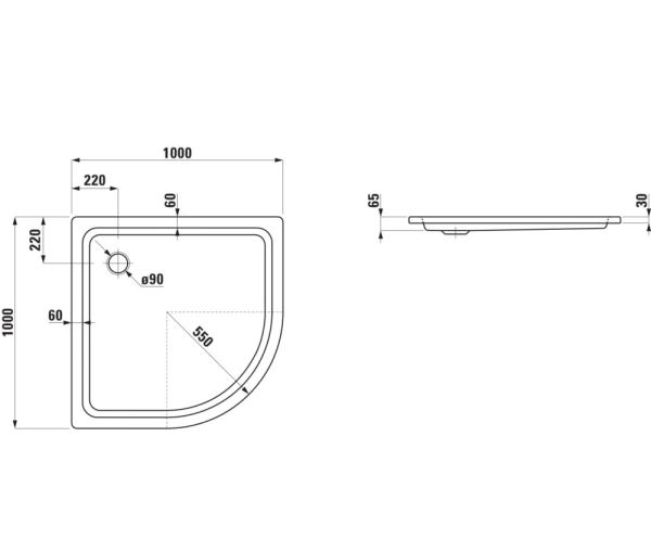 Laufen Platina Duschwanne Viertelkreis 100x100cm flach, Einbauhöhe 6,5cm