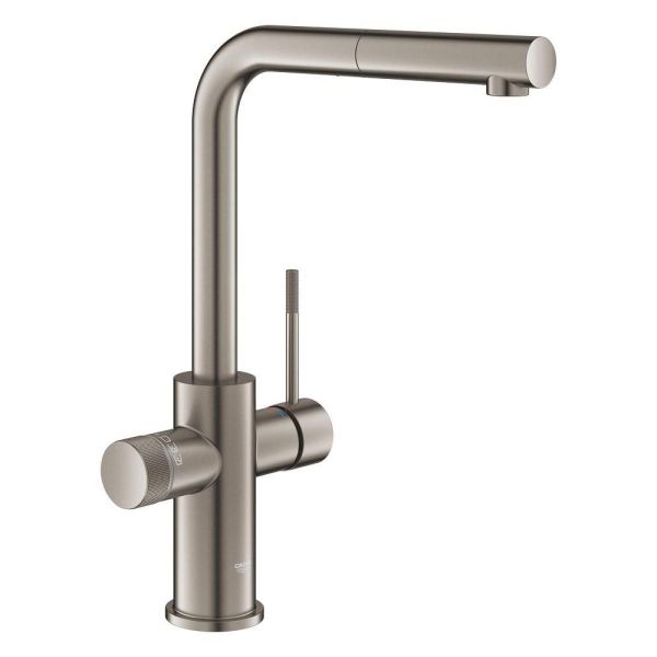 Grohe 2.0 Blue 5-in-1-Armatur, L-Auslauf, ausziehbar, hard graphite gebürstet 104430AL01 