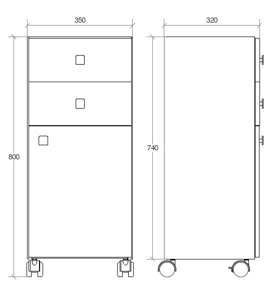 lineabeta RUNNER Rollcontainer 2 Schubladen, 1 Tür, quadratische Griffe