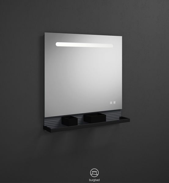 Burgbad Fiumo LED-Spiegel 80cm mit Ablage, Reling in schwarz