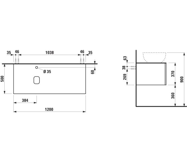 Laufen IL BAGNO ALESSI One Schubladenelement 1200, Ausschnitt links inkl. Hahnloch, zu WT H818974