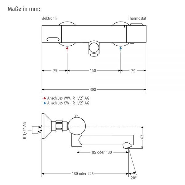 WimTec ECOSAN W6 Berührungslose Thermostat-Zweipunkt-Wandarmatur, Batteriebetrieb, chrom