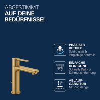 Vorschau: Grohe Lineare Badarmatur S-Size, Zugstangen-Ablaufgarnitur, wassersparend, cool sunrise gebürstet