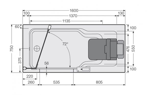 Artweger Artlift mit Hebesitz, Duschbadewanne mit Wannentür 160x75cm, weiß