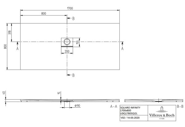Villeroy&Boch Squaro Infinity Quaryl®-Duschwanne, Eckeinbau links gegen Wand, 170x80cm UDQ1780SQI2LV-1S