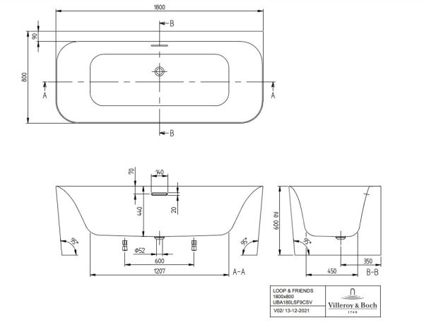 Villeroy&Boch Loop&Friends Square Duo Vorwand-Badewanne, 180x80cm, weiß technische Zeichnung