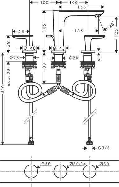Axor Citterio C Cubic Cut 3-Loch Waschtischarmatur 125 mit Zugstangen-Ablaufgarnitur