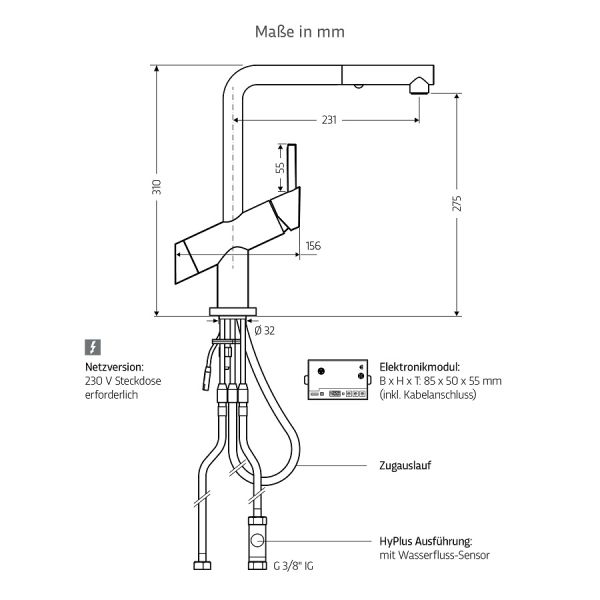WimTec PUREA K4 HyPlus Küchenarmatur 230V, Freispül-Automatik Netzbetrieb, chrom