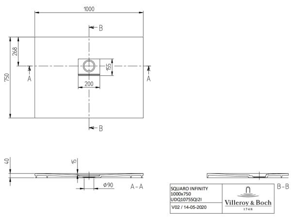Villeroy&Boch Squaro Infinity Quaryl®-Duschwanne, flächenbündiger Einbau, 100x75cm, technische Zeichnung
