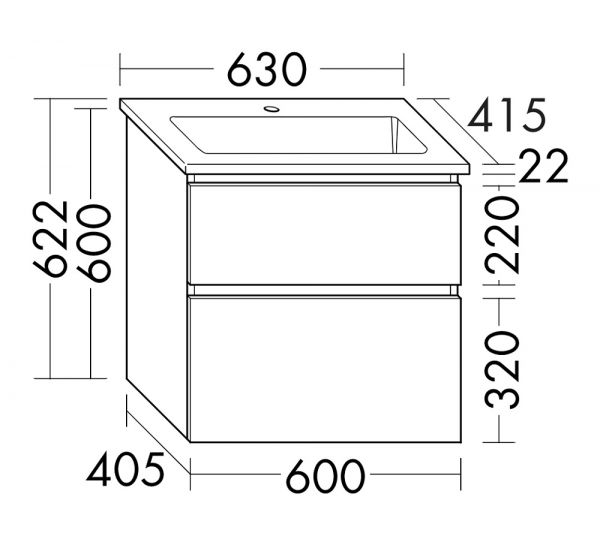 Burgbad Lin20 Keramik-Waschtisch mit Waschtischunterschrank, 2 Auszüge, wandhängend, 63x41,5cm SGHD063F5351C0001