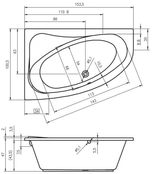 RIHO Aryl Raumsparwanne 153,5x100,5cm Ecke links, weiß