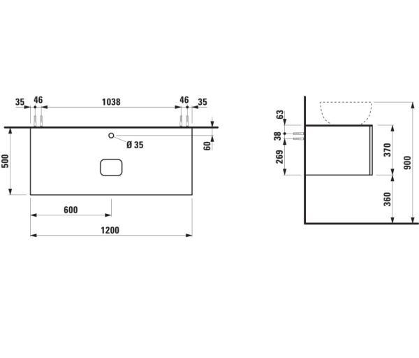 Laufen IL BAGNO ALESSI One Schubladenelement 1200, Hahnloch, Ausschnitt Mitte, zu WT H818975/6/7/8