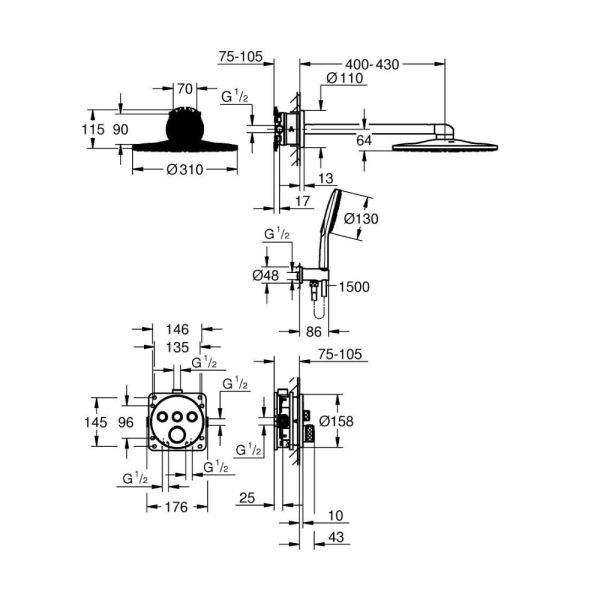 Grohe Grohtherm SmartControl Duschsystem Unterputz mit Rainshower SmartActive 310, phantom black