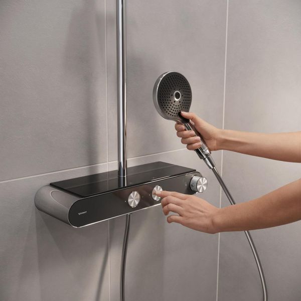 Duravit ShowerSystem Duschsystem mit höhenverstellbarer Regendusche, Thermostat, Ablage, chrom/schw