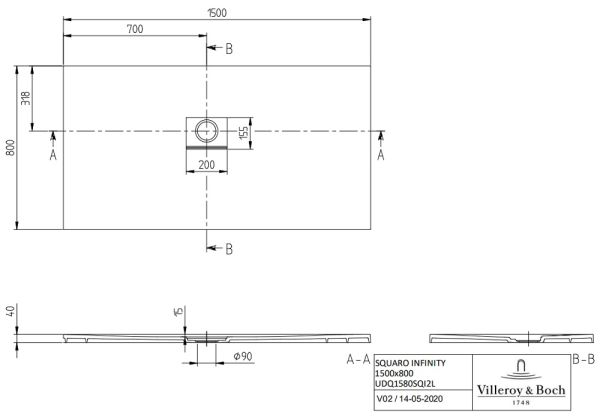 Villeroy&Boch Squaro Infinity Quaryl®-Duschwanne, Eckeinbau links gegen Wand, 150x80cm UDQ1580SQI2LV-1S