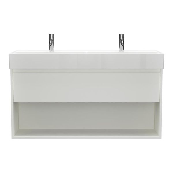 Burgbad Devio Keramik-Doppelwaschtisch 120cm, Unterschrank, 1 Auszug, offenes Fach, weiß matt SHKI121