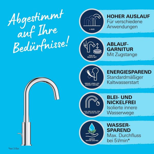 Grohe QuickFix Swift Waschtischarmatur L-Size, Zugstangen-Ablaufgarnitur, chrom