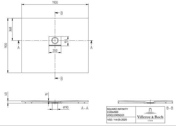 Villeroy&Boch Squaro Infinity Quaryl®-Duschwanne, flächenbündiger Einbau, 110x90cm techn Zeichnung