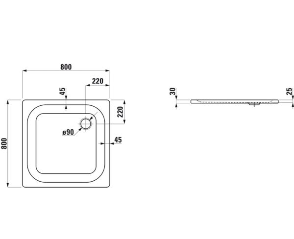 Laufen Platina Duschwanne 80x80cm extraflach, Einbauhöhe 2,5cm