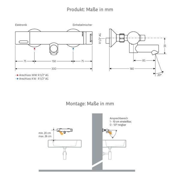 WimTec ECOSAN W4 - HyPlus 6 V Batteriebetrieb Wandmontage-Waschtischarmatur, chrom