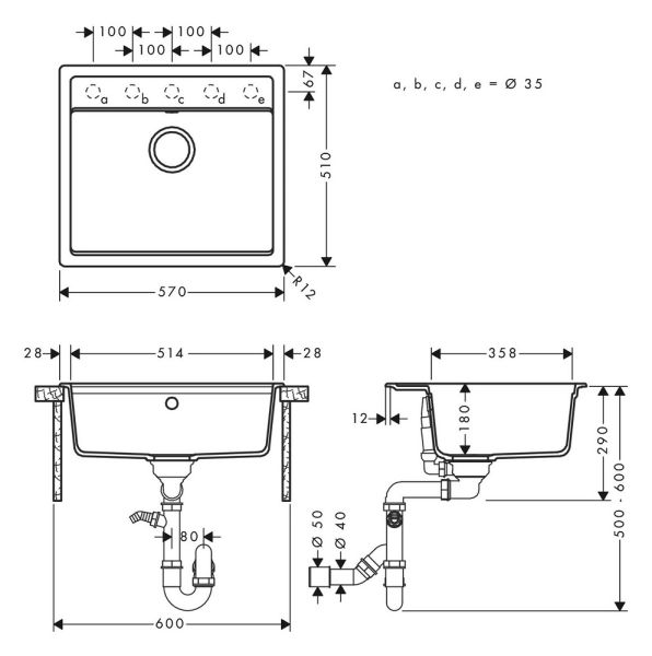 Hansgrohe S52 S520-F510 Einbauspüle steingrau 43359290 Maß