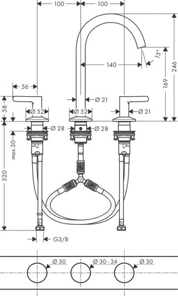 Axor One 3-Loch Waschtischarmatur 170 mit Push-Open Ablaufgarnitur