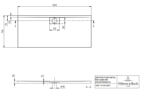 Villeroy&Boch Architectura MetalRim Duschwanne, 160x70cm, weiß technische Zeichnung