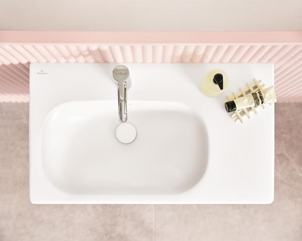 Villeroy&Boch Skyla Waschtisch 80x46cm, Ablagefläche rechts mit Hahnloch mit Überlauf, stone white 5A52L1RW