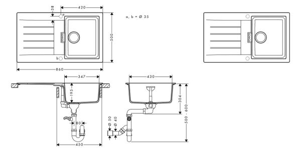 Hansgrohe S52 S520-F345 Einbauspüle mit automatischer Ablaufgarnitur, techn. Zeichnung