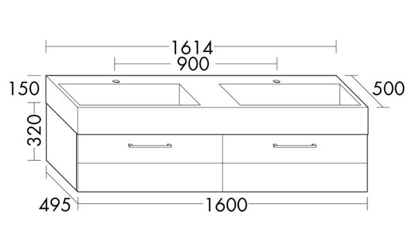 Burgbad Crono Mineralguss-Doppelwaschtisch 161,4x47x50cm mit Unterschrank, 2 Auszüge SEVA161F1786C0001G0141
