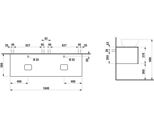 Laufen IL BAGNO ALESSI One Schubladenelement 1600, 2 Hahnlöcher, 2 Ausschnitte, zu WT H818975/6/7/8
