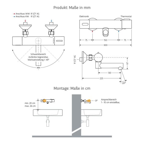 WimTec ECOSAN W6 Aufputzwandarmatur 6V Batteriebetrieb 225 mm Ausladung, chrom