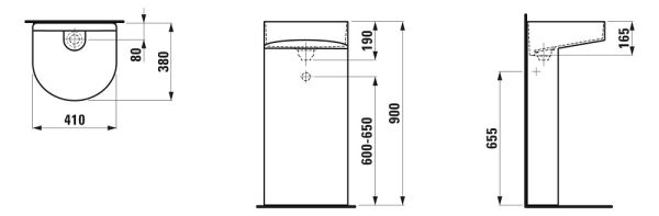 Laufen Sonar Waschtisch bodenstehend 41x38cm, weiß, H8113410001121, techn. Zeichnung