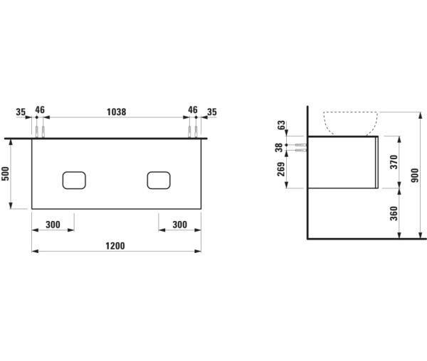 Laufen IL BAGNO ALESSI One Schubladenelement 1200, Ausschnitt links & rechts, zu WT H818975/6