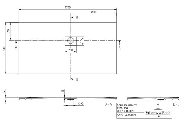 Villeroy&Boch Squaro Infinity Quaryl®-Duschwanne, Eckeinbau rechts gegen Wand, 170x90cm, techn. Zeichnung