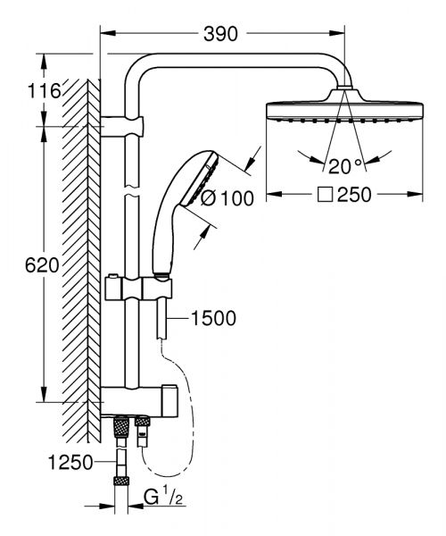 Grohe Vitalio Start 250 Cube Flex Duschsystem mit Umstellung ohne Armatur, chrom