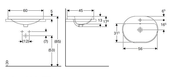 Geberit VariForm Einbauwaschtisch mit 1 Hahnloch, Unterseite glasiert, elliptisch, Breite 60cm, weiß