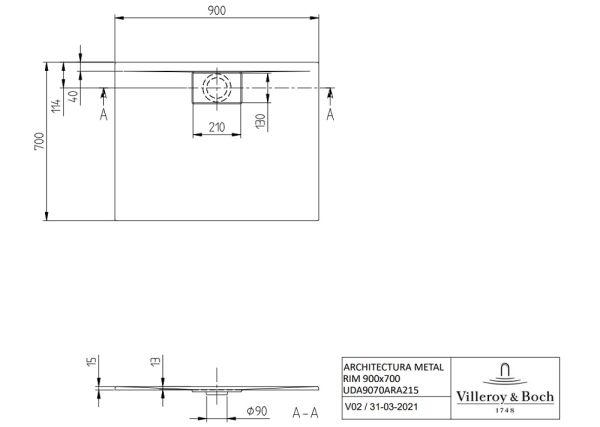 Villeroy&Boch Architectura MetalRim Duschwanne, 90x70cm UDA9070ARA215V-01