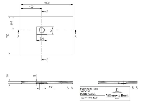 Villeroy&Boch Squaro Infinity Quaryl®-Duschwanne, Eckeinbau links gegen Wand, 100x75cm UDQ1075SQI2LV-1S