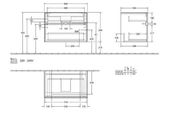 Villeroy&Boch Collaro Waschtischunterschrank passend zu Aufsatzwaschtisch 4A336G, technische Zeichnung