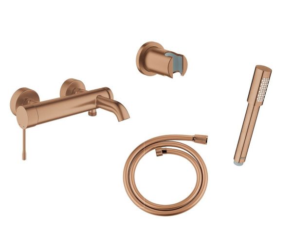 Grohe Essence Wannenarmatur-Set mit Handbrause, Schlauch, Halter, warm sunset gebürstet 33624DL1+26465DL0