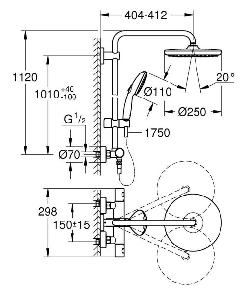 Grohe QuickFix Vitalio Start 250 Duschsystem, anpassbar an Bohrlöcher, Kopfbrause rund, schwarz matt