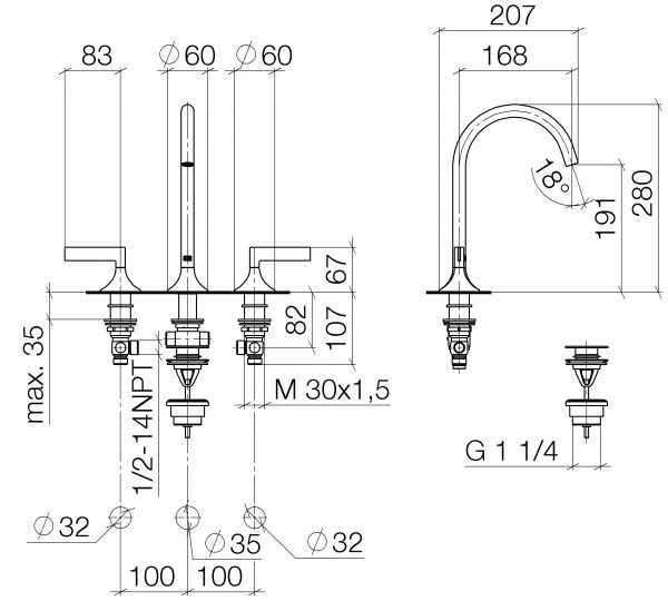 Dornbracht Vaia Waschtisch-Dreilochbatterie mit Ablaufgarnitur, Ausladung 168mm